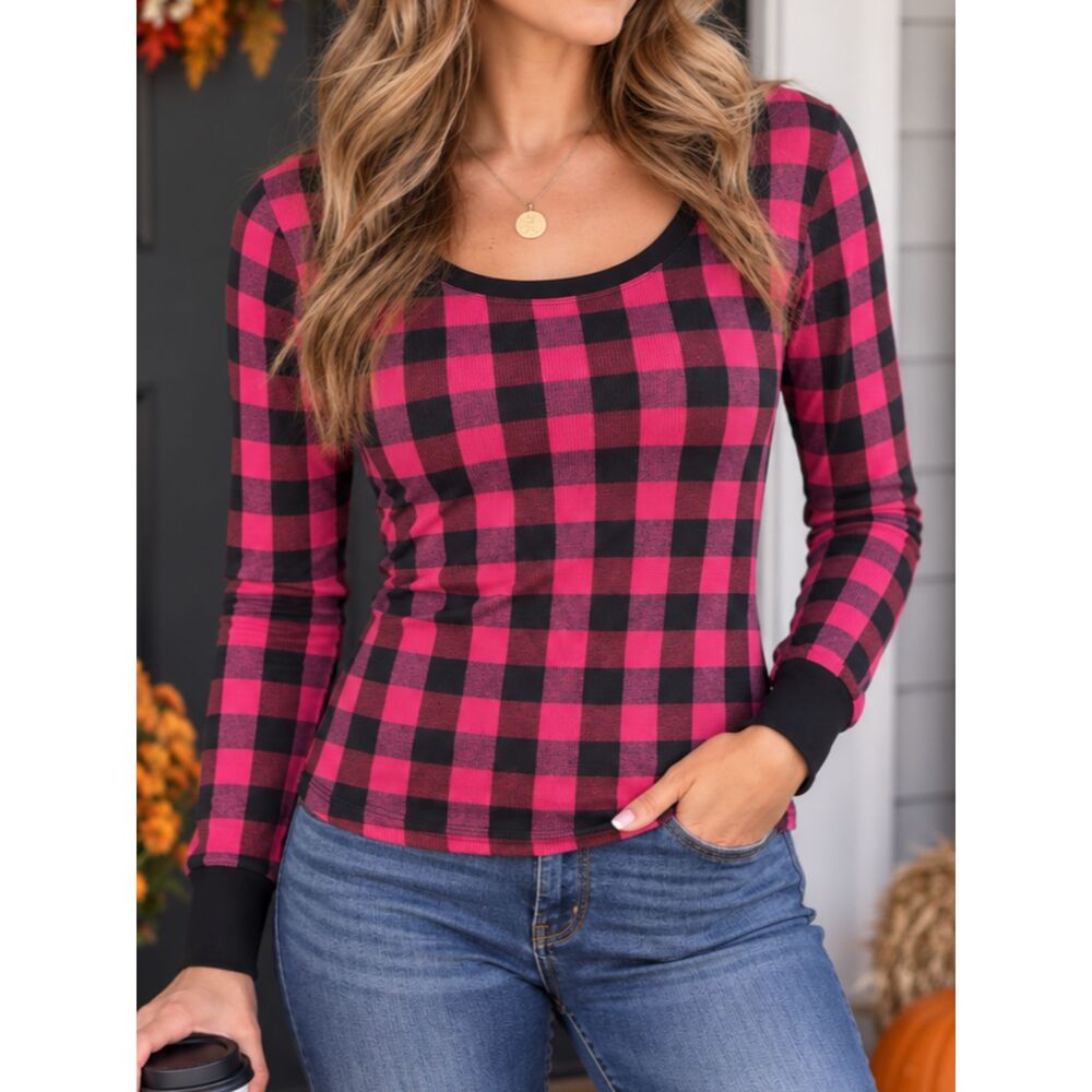 VICTORIA'S SECRET Y2K Plaid Thermal Top Womens Medium Pink Black Long Sleeve